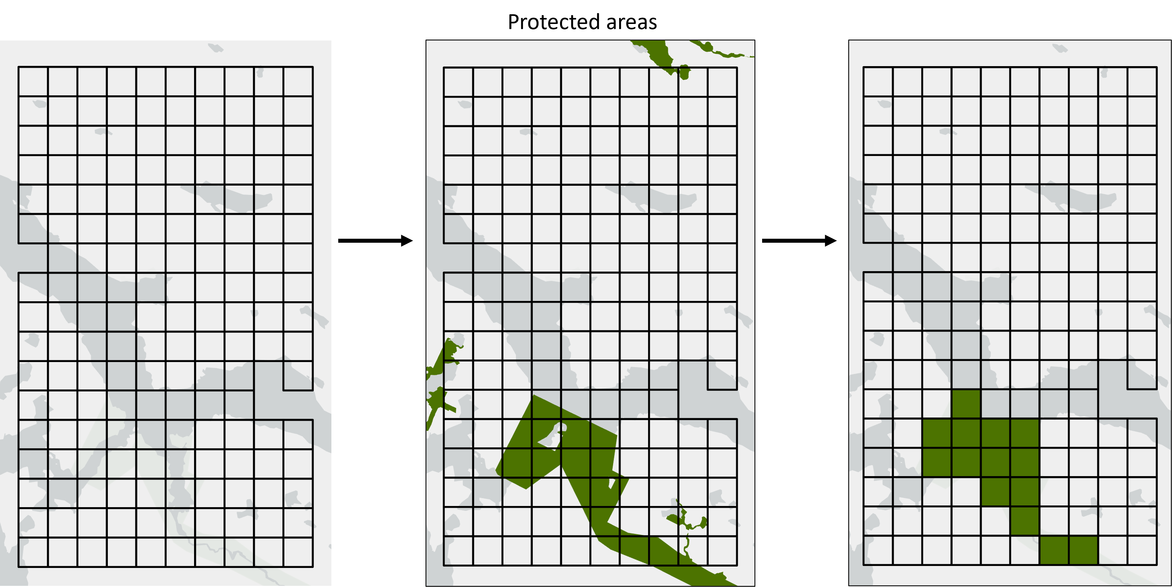 *Fig 4. For includes of existing protected areas, we use an area threshold of 50% so any planning unit with >= 50% coverage is assigned a value of 1, otherwise it's assigned a value of 0.*